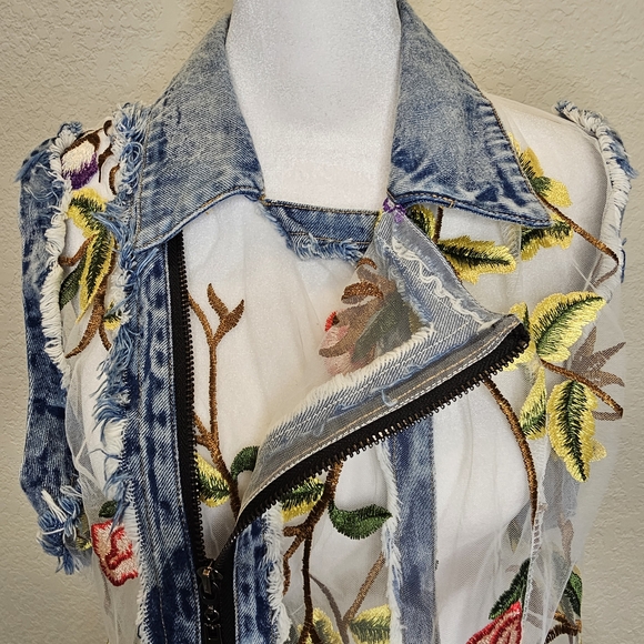 Adore Floral Embroidered Sheer Denim Vest - Picture 6 of 16